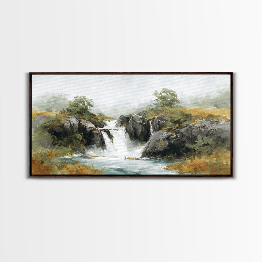Waterfall Hidden Among Dark Green Rocks Framed Canvas Print, Nature Art, Landscape Print, Living Room Decor, Fine Art, Nature, NAT-2x1-95