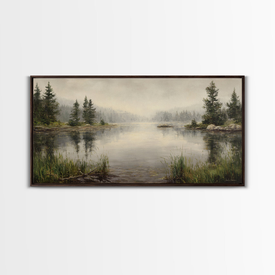 Misty Mountain Lake Framed Canvas Print, Nature Art, Wood Wall Art, Living Room Decor, Fine Art, Nature, Digital Download Art, NAT-2x1-97