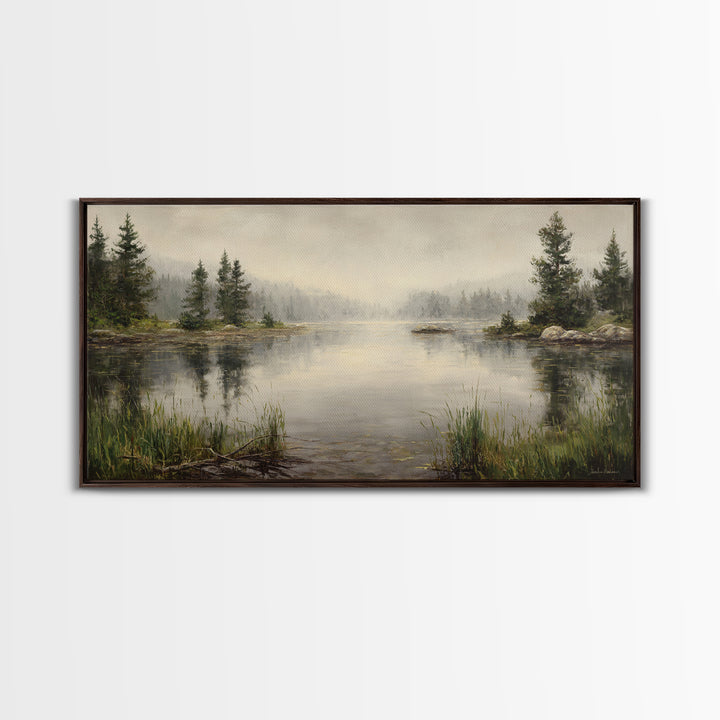 Misty Mountain Lake Framed Canvas Print, Nature Art, Wood Wall Art, Living Room Decor, Fine Art, Nature, Digital Download Art, NAT-2x1-97