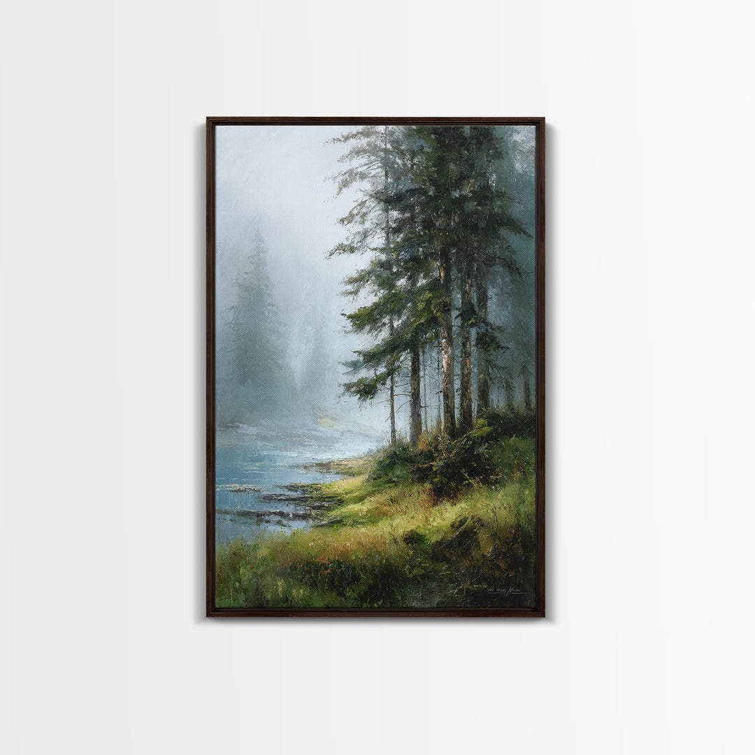 Moody Pine Forest Framed Canvas Print, Nature Art, Wall Art, Living Room Decor, Oil Painting, Nature, Wood Wall Art, NAT-2x3-1