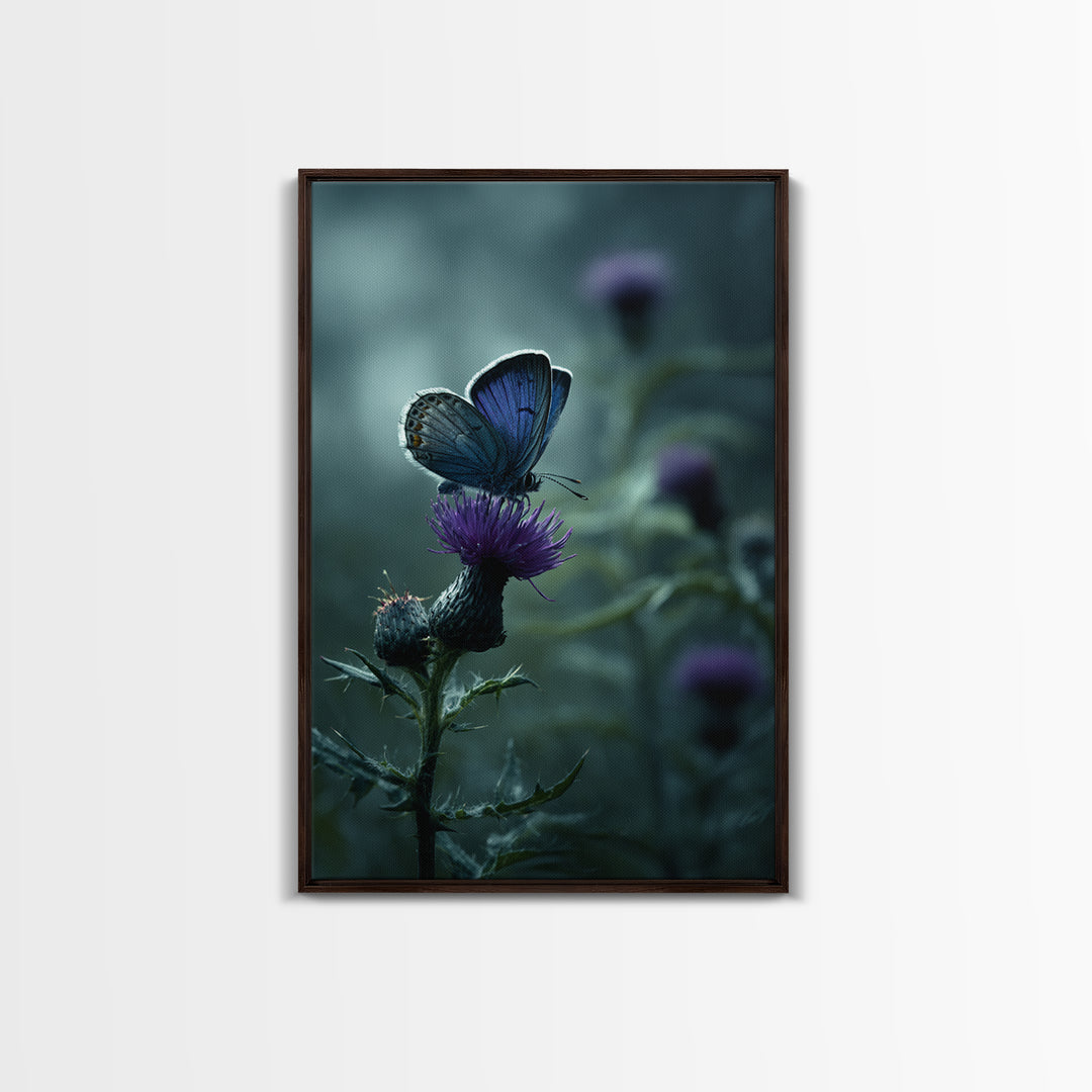 Butterfly Resting on a Blooming Thistle Framed Canvas Print, Nature Art, Minimalist Decor, Living Room Decor, Oil Painting, NAT-2x3-12