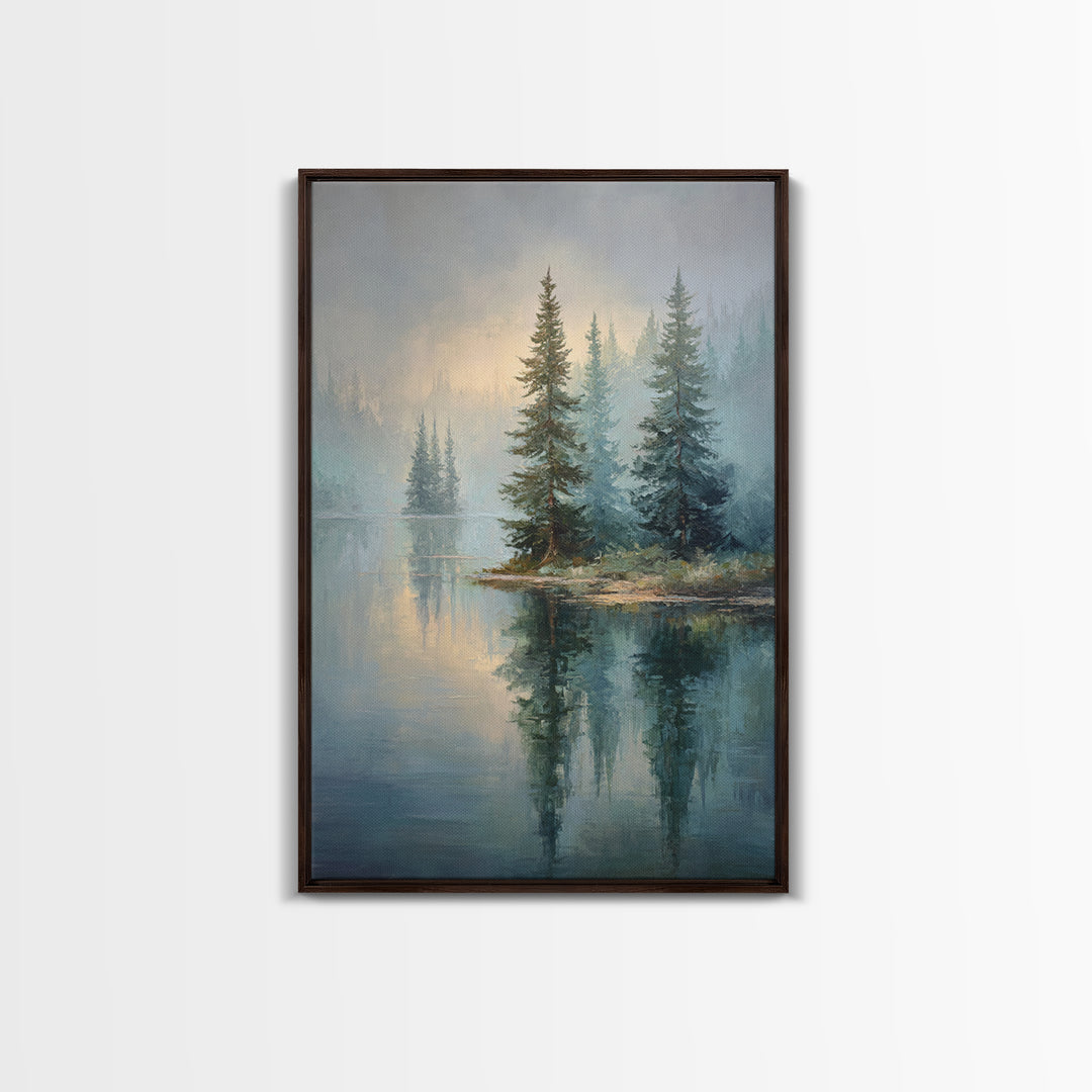 Misty Mountain Lake Framed Canvas Print, Nature Art, Art, Living Room Decor, Watercolor Art, Nature, 3d Wall Art, NAT-2x3-13