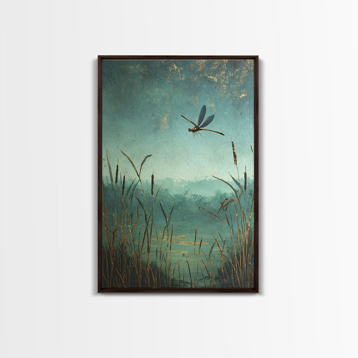 Dragonfly over a Pond with Reeds Framed Canvas Print, Nature Art, Boho Decor, Living Room Decor, Abstract Art, Nature, NAT-2x3-2
