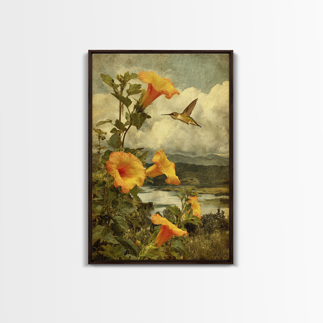 Hummingbird Beside Bright Trumpet Flowers Framed Canvas Print, Nature Art, Mushroom, Living Room Decor, Watercolor Art, Nature, NAT-2x3-20