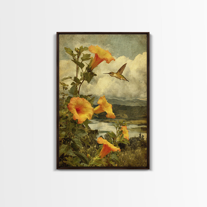 Hummingbird Beside Bright Trumpet Flowers Framed Canvas Print, Nature Art, Mushroom, Living Room Decor, Watercolor Art, Nature, NAT-2x3-20