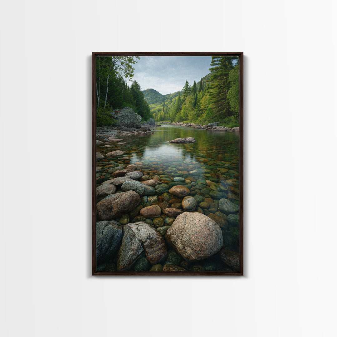 River Stones under Clear Shallow Water Framed Canvas Print, Nature Art, Living Room Decor, Oil Painting, Nature, NAT-2x3-21