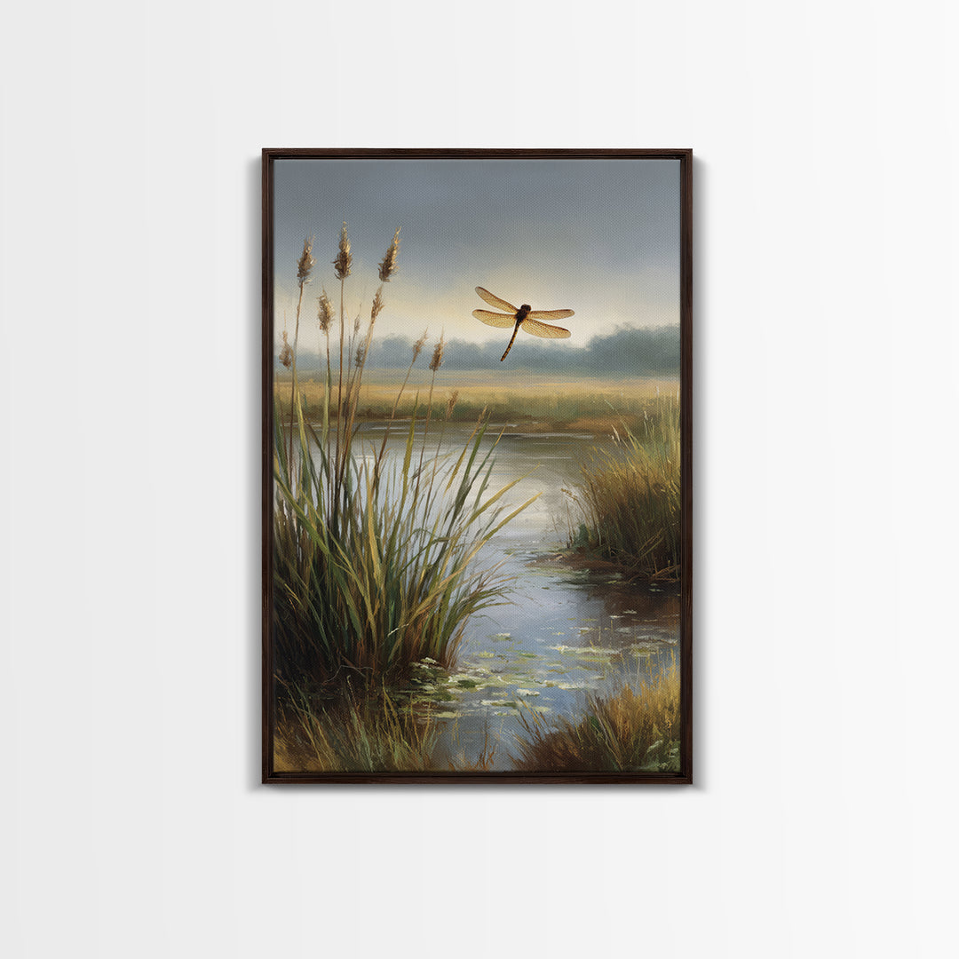Dragonfly over a Pond with Reeds Framed Canvas Print, Nature Art, Boho Decor, Living Room Decor, Abstract Art, Nature, NAT-2x3-26