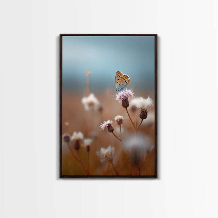 Butterfly Resting on a Blooming Thistle Framed Canvas Print, Nature Art, Mountain Wall Art, Living Room Decor, Watercolor Art, NAT-2x3-36