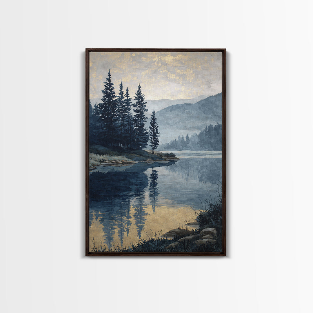 Misty Mountain Lake Framed Canvas Print, Nature Art, Art, Living Room Decor, Watercolor Art, Nature, 3d Wall Art, NAT-2x3-37