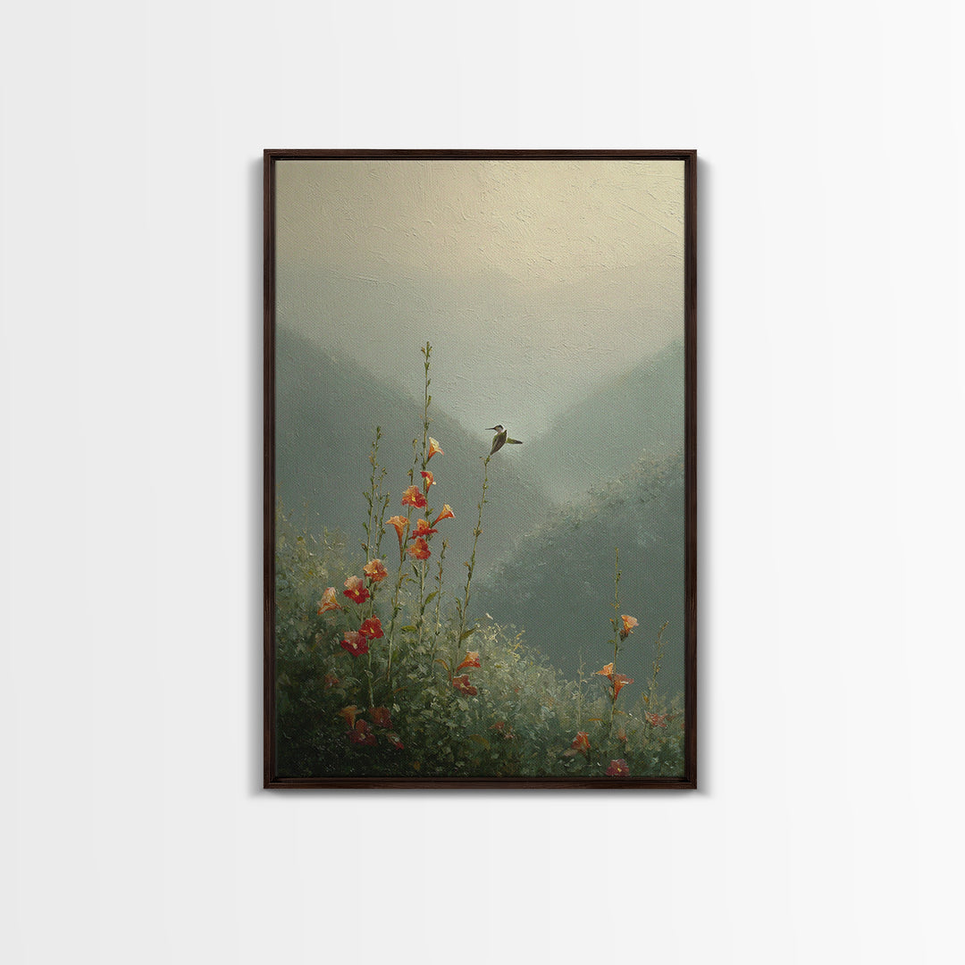 Hummingbird Beside Bright Trumpet Flowers Framed Canvas Print, Nature Art, Landscape Print, Living Room Decor, Watercolor Art, NAT-2x3-44