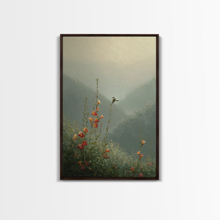 Hummingbird Beside Bright Trumpet Flowers Framed Canvas Print, Nature Art, Landscape Print, Living Room Decor, Watercolor Art, NAT-2x3-44