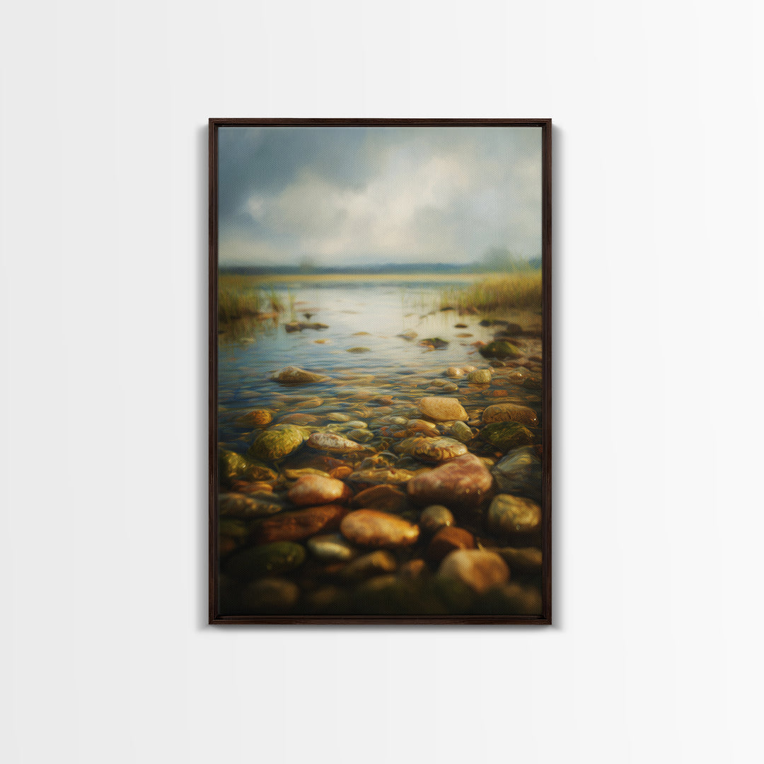 River Stones under Clear Shallow Water Canvas Print, Nature Art, Painting, Living Room Decor, Fine Art, Nature, Modern Wall Art, NAT-2x3-45