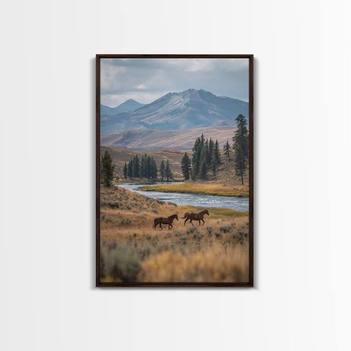 Wild Horses Running Near Mountain Ridge Canvas Print, Nature Art, Minimalist Decor, Living Room Decor, Fine Art, Nature, NAT-2x3-54