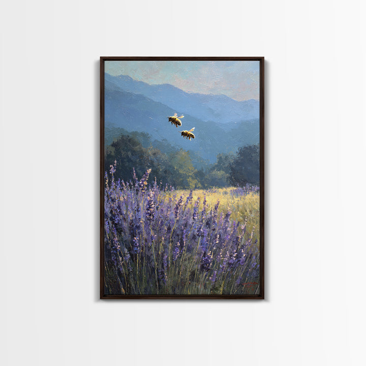 Bees Circling Lavender Blossoms Framed Canvas Print, Nature Art, Textured Painting, Living Room Decor, Fine Art, Nature, NAT-2x3-55