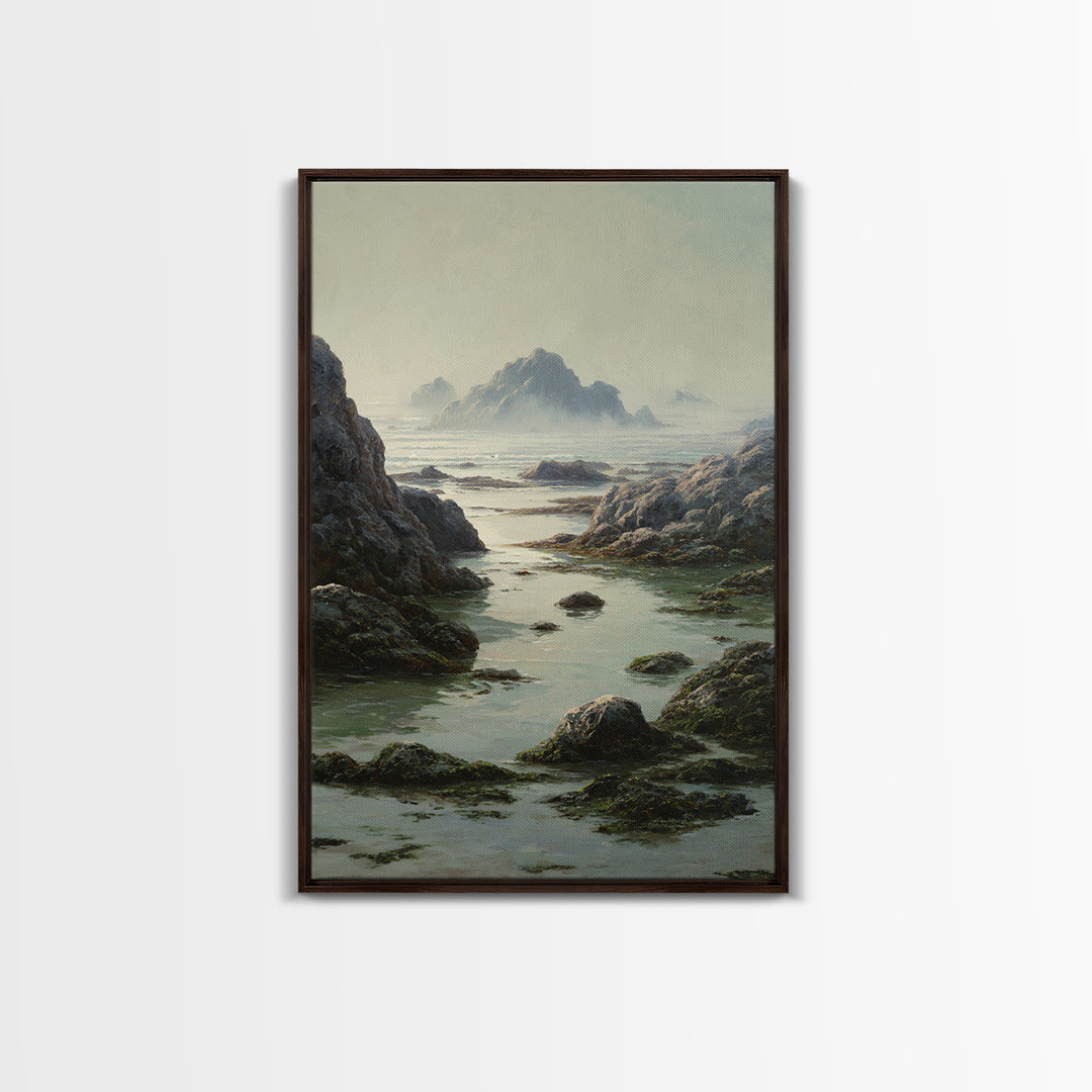Calm Beach Tide Pooling Around Rocks Framed Canvas Print, Nature Art, Neutral Decor, Living Room Decor, Abstract Art, Nature, NAT-2x3-56