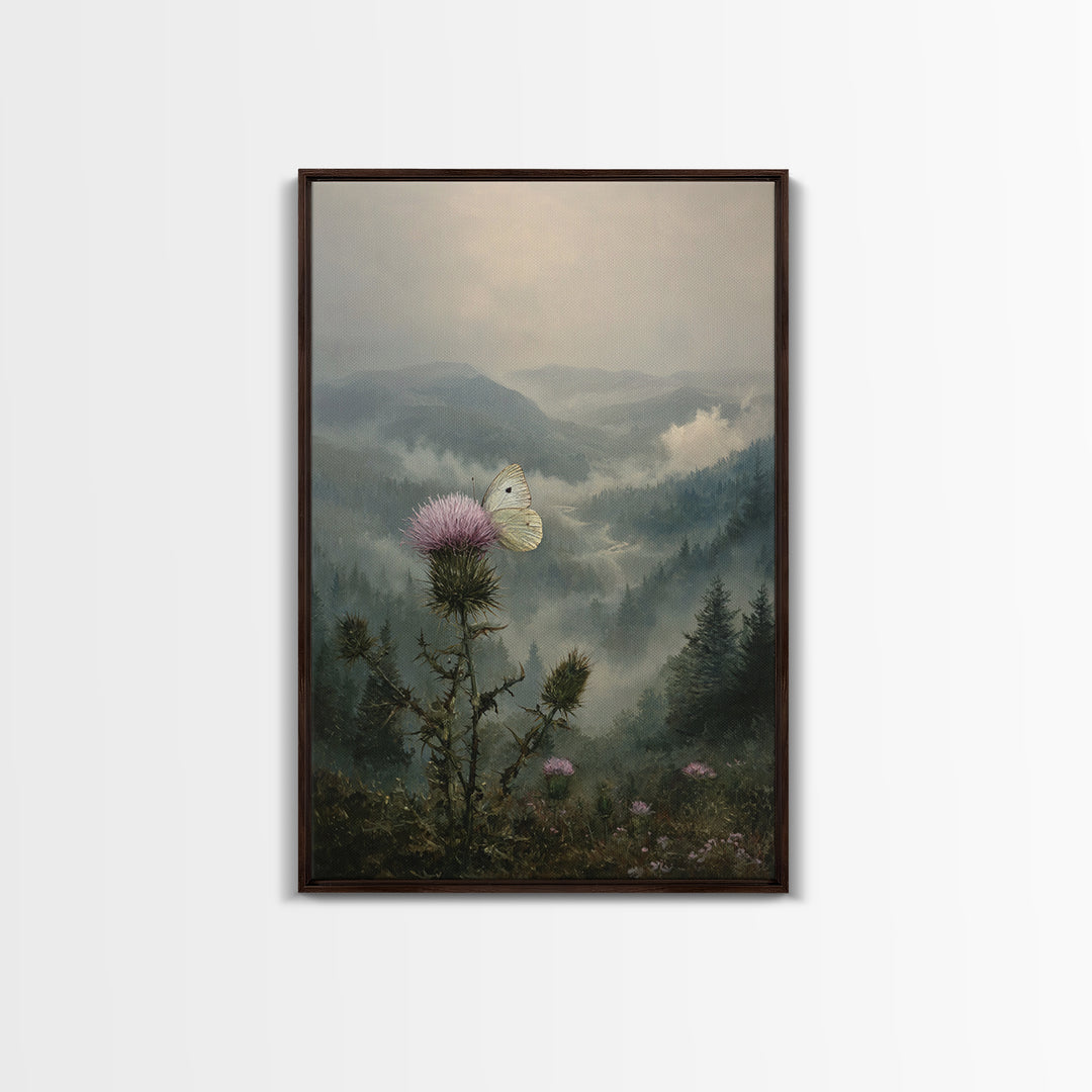 Butterfly Resting on a Blooming Thistle Framed Canvas Print, Nature Art, Wall Art, Living Room Decor, Fine Art, Nature, NAT-2x3-60