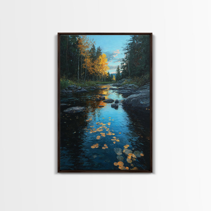 Autumn Leaves Floating on Quiet Stream Canvas Print, Nature Art, Mushroom, Living Room Decor, Abstract Art, Nature, NAT-2x3-62