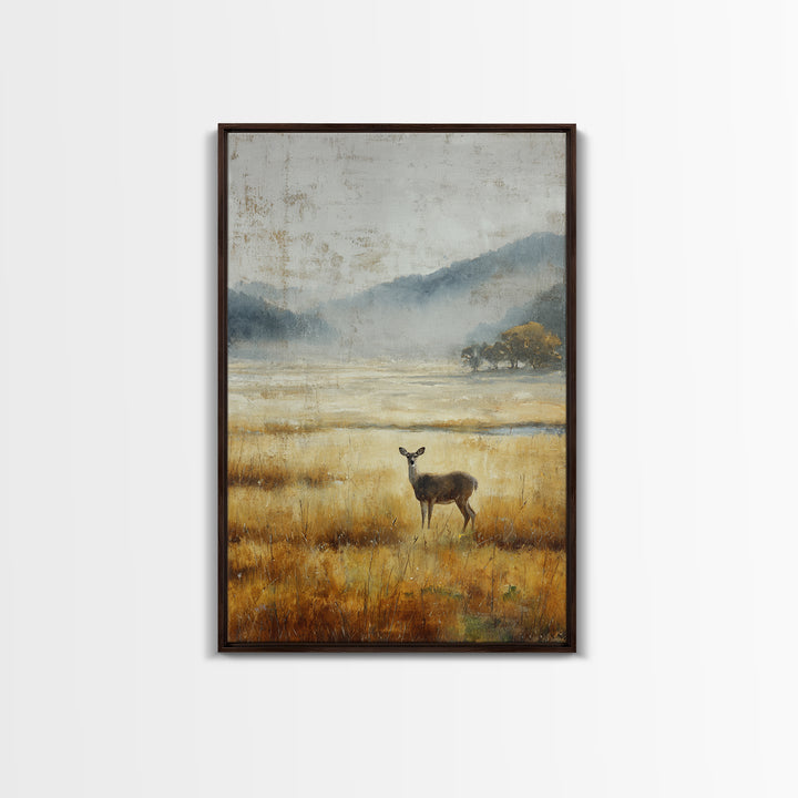 Deer Standing in a Golden Field Framed Canvas Print, Nature Art, Room Decor, Living Room Decor, Fine Art, Nature, Wall Hangings, NAT-2x3-64