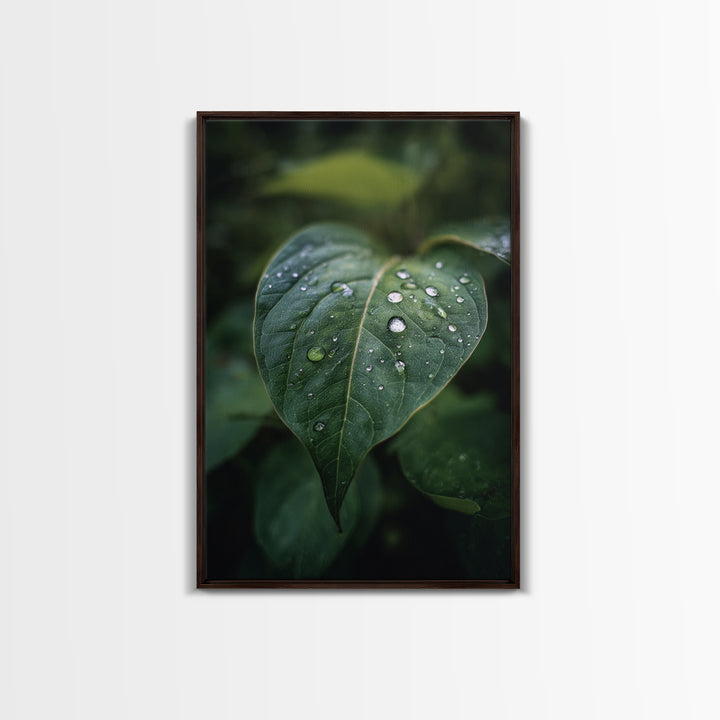 Rain Drops on a Large Green Leaf Canvas Print, Nature Art, Floral, Living Room Decor, Oil Painting, Nature, Moss Art, NAT-2x3-65