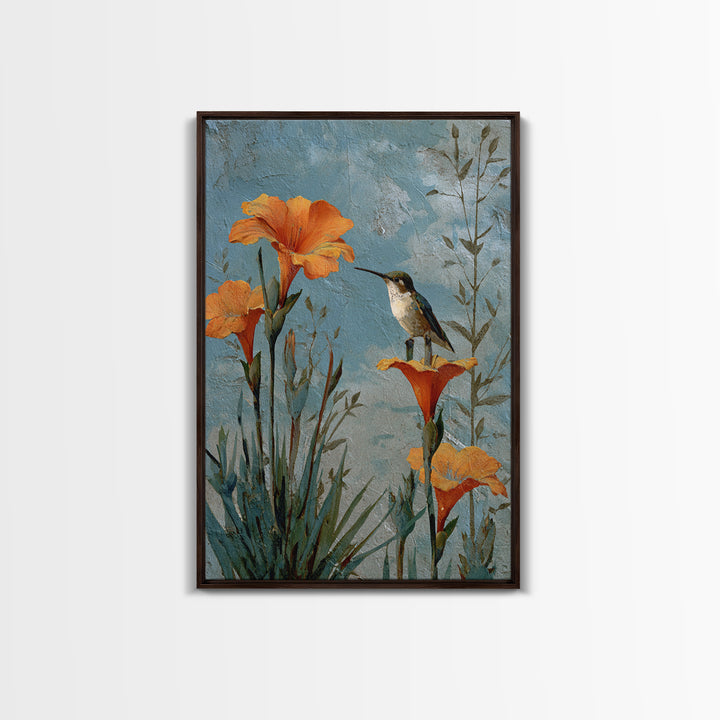 Hummingbird Beside Bright Trumpet Flowers Framed Canvas Print, Nature Art, Wall Hangings, Living Room Decor, Oil Painting, NAT-2x3-68