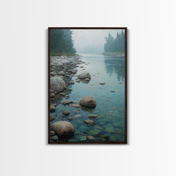 River Stones under Clear Shallow Water Framed Canvas Print, Nature Art, Artwork, Living Room Decor, Fine Art, Nature, NAT-2x3-69