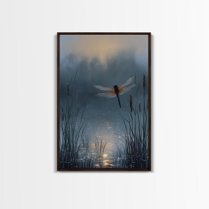 Dragonfly over a Pond with Reeds Framed Canvas Print, Nature Art, Art, Living Room Decor, Watercolor Art, Nature, 3d Wall Art, NAT-2x3-74