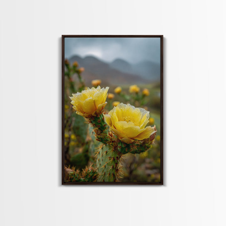 Desert Cactus Blooming After Rain Framed Canvas Print, Nature Art, 3d Wall Art, Living Room Decor, Watercolor Art, Nature, NAT-2x3-76