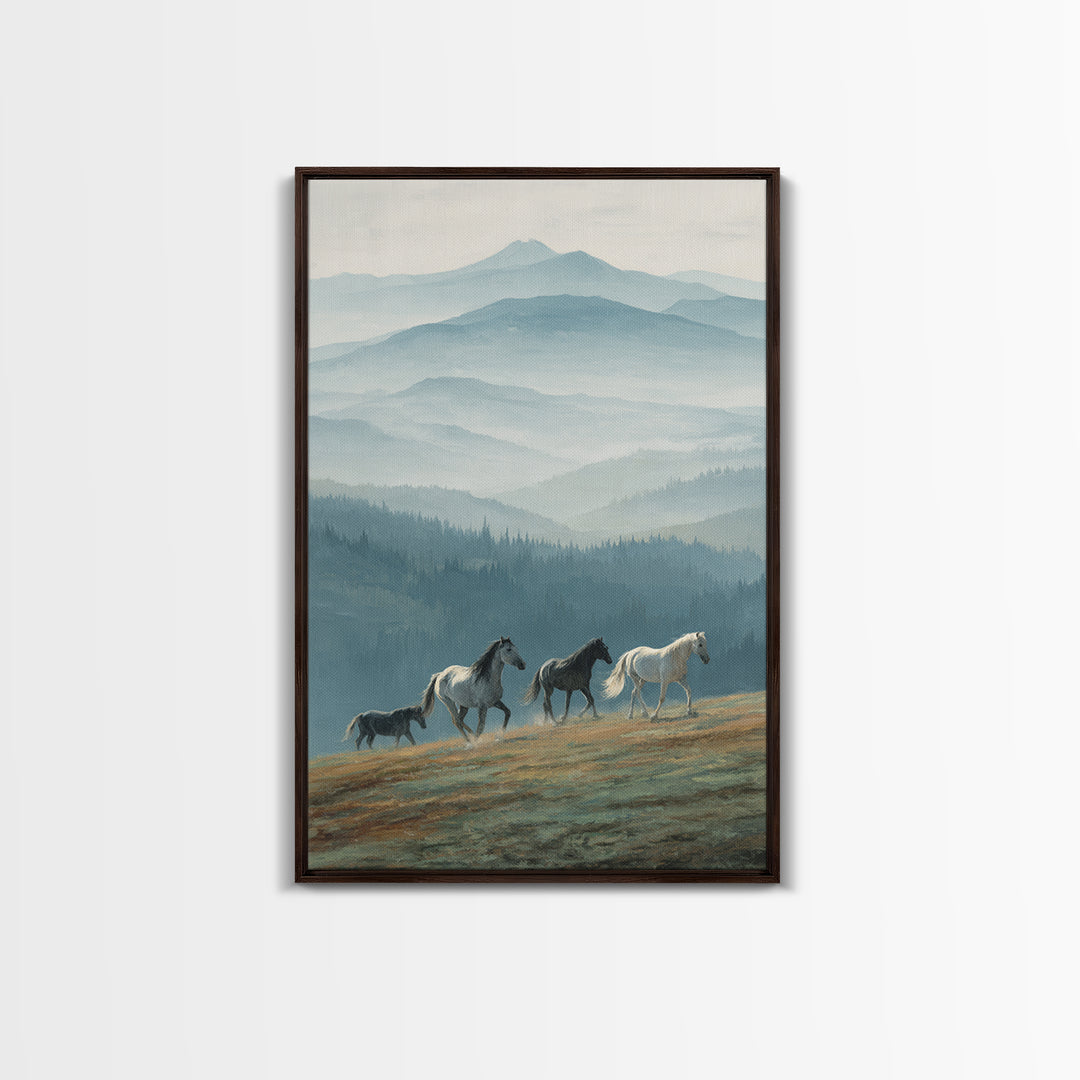 Wild Horses Running Near Mountain Ridge Framed Canvas Print, Nature Art, Wall Decor, Living Room Decor, Fine Art, Nature, NAT-2x3-78