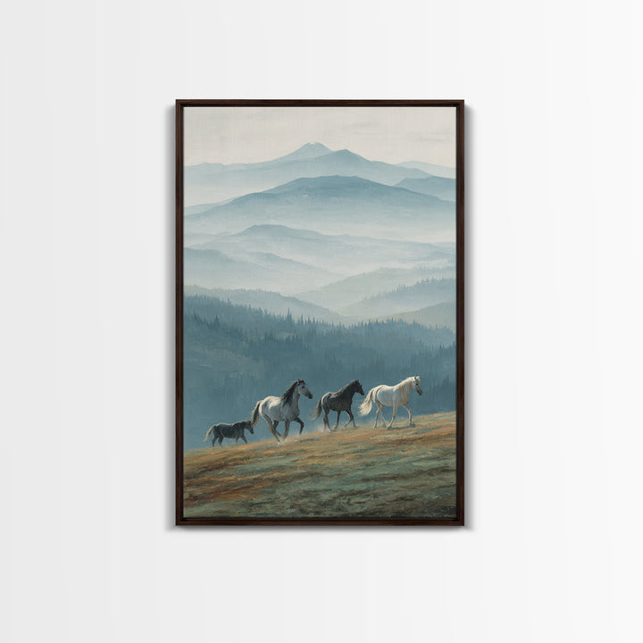 Wild Horses Running Near Mountain Ridge Framed Canvas Print, Nature Art, Wall Decor, Living Room Decor, Fine Art, Nature, NAT-2x3-78