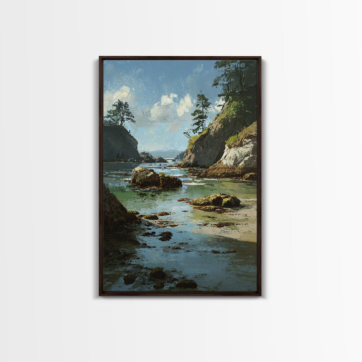 Calm Beach Tide Pooling Around Rocks Framed Canvas Print, Nature Art, Living Room Decor, Watercolor Art, Nature, NAT-2x3-80