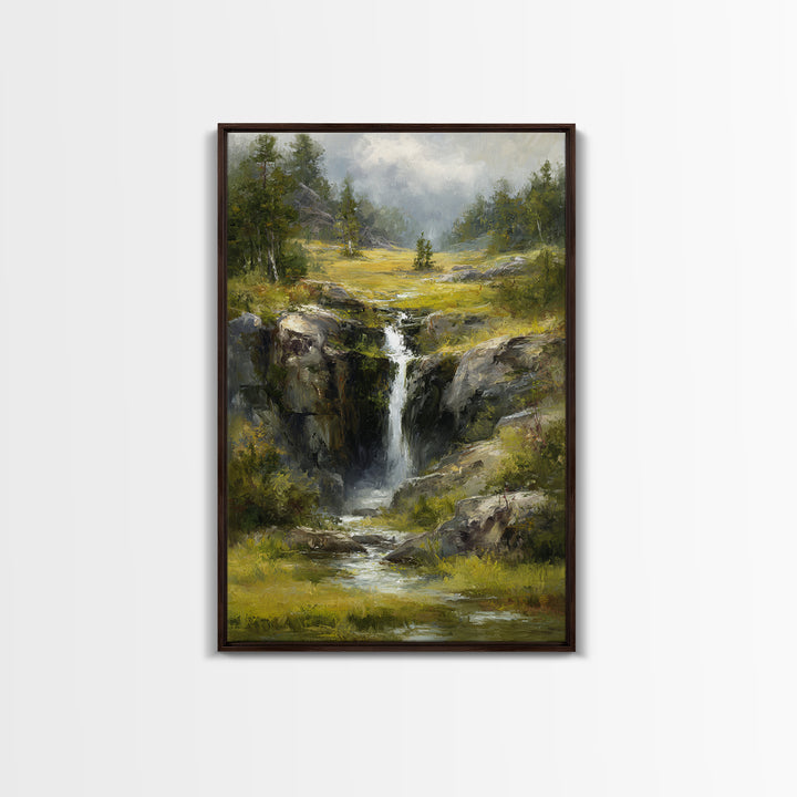 Waterfall Hidden Among Dark Green Rocks Framed Canvas Print, Nature Art, Abstract Wall Art, Living Room Decor, Abstract Art, NAT-2x3-83