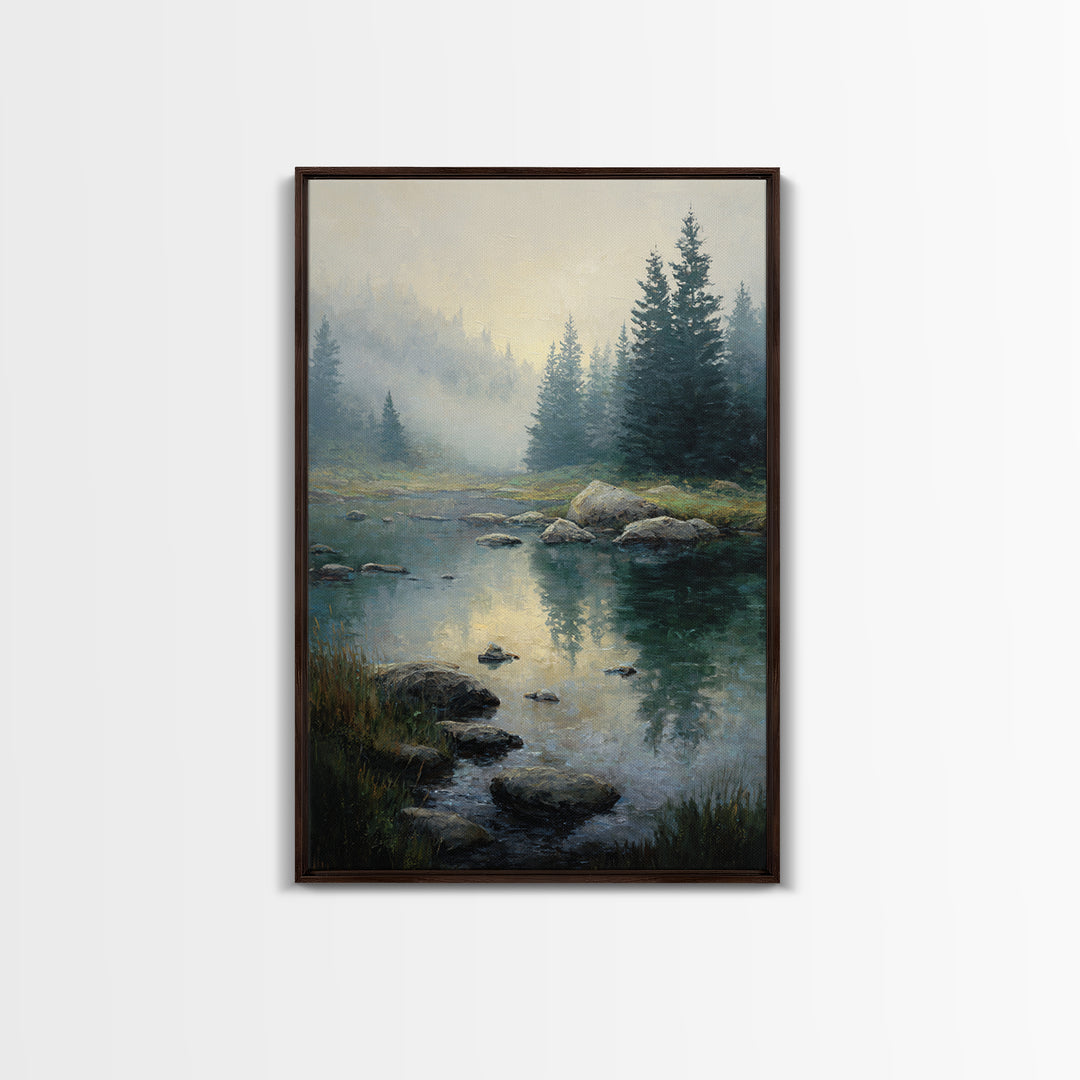 Misty Mountain Lake Framed Canvas Print, Nature Art, Abstract Wall Art, Living Room Decor, Oil Painting, Nature, Bird Wall Art, NAT-2x3-85