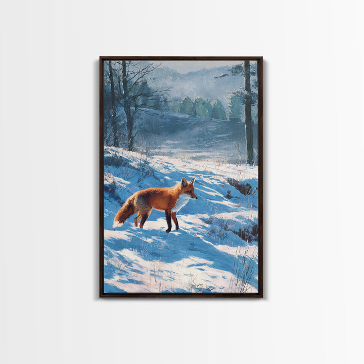 Fox Crossing a Snowy Forest Clearing Framed Canvas Print, Nature Art, Living Room Decor, Oil Painting, Nature, NAT-2x3-90