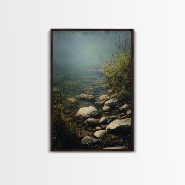 River Stones under Clear Shallow Water Framed Canvas Print, Nature Art, Artwork, Living Room Decor, Fine Art, Nature, NAT-2x3-93
