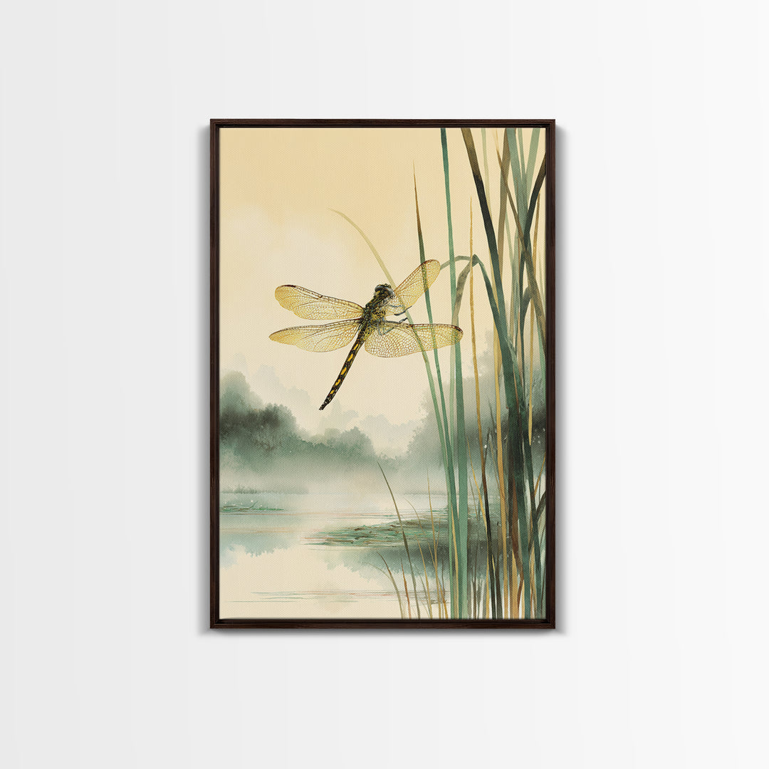 Dragonfly over a Pond with Reeds Framed Canvas Print, Nature Art, Art, Living Room Decor, Watercolor Art, Nature, 3d Wall Art, NAT-2x3-98