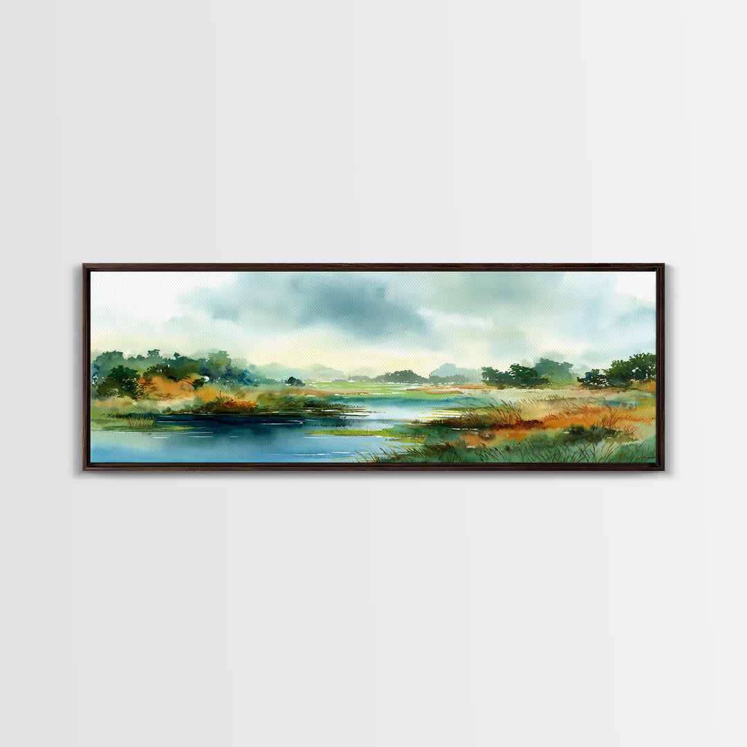 Dragonfly over a Pond with Reeds Framed Canvas Print, Nature Art, Home Decor, Living Room Decor, Nature, Abstract Wall Art, NAT-3x1-10
