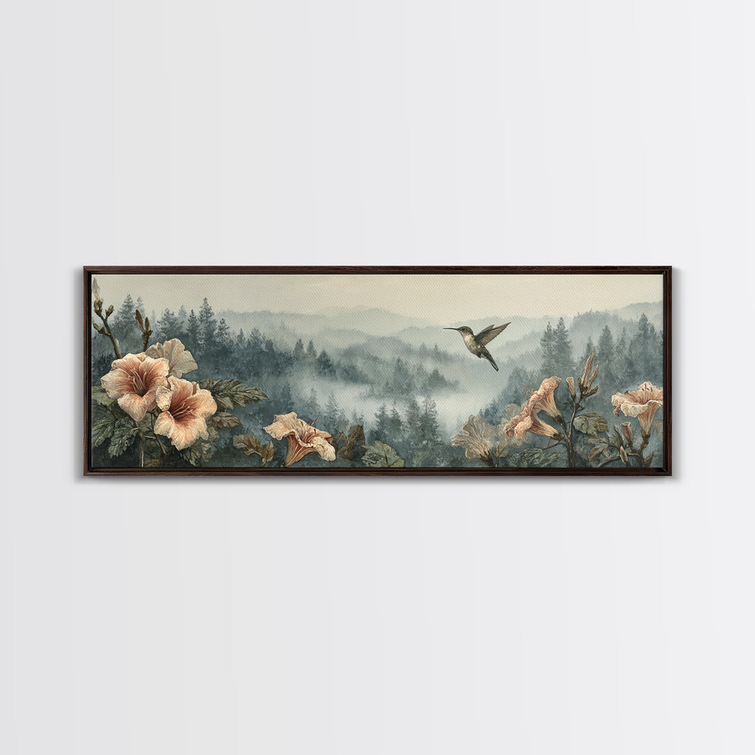 Hummingbird Beside Bright Trumpet Flowers Canvas Print, Nature Art, Modern Decor, Living Room Decor, Fine Art, Nature, NAT-3x1-100