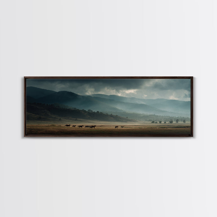 Wild Horses Running Near Mountain Ridge Canvas Print, Nature Art, Landscape Print, Living Room Decor, Fine Art, Nature, NAT-3x1-14