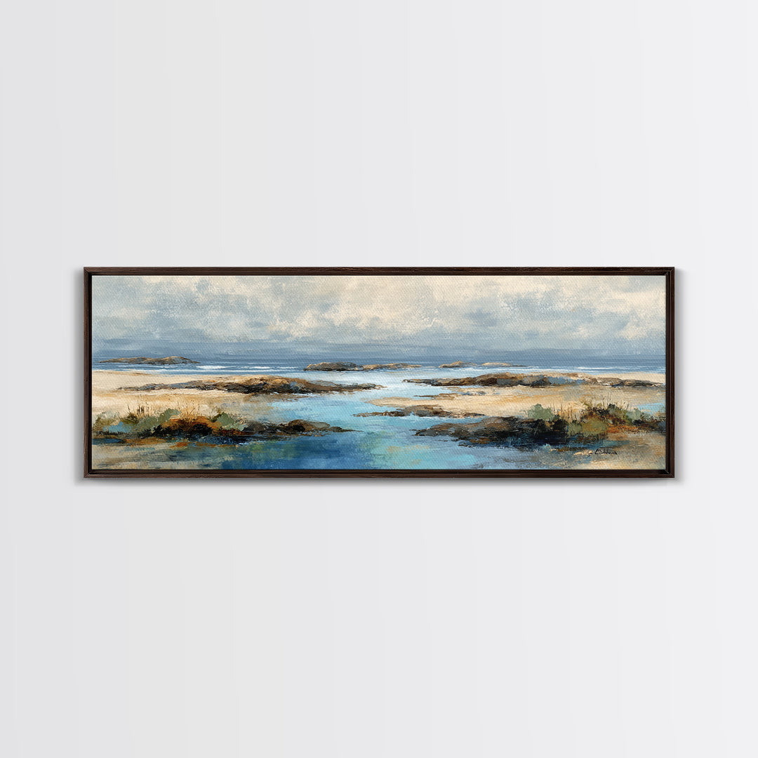 Calm Beach Tide Pooling Around Rocks Canvas Print, Nature Art, Living Room Wall Art, Living Room Decor, Fine Art, Nature, NAT-3x1-16