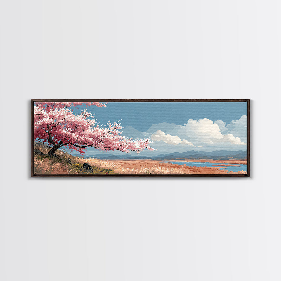 Spring Cherry Blossoms Framed Canvas Print, Nature Art, Landscape Print, Living Room Decor, Watercolor Art, Nature, NAT-3x1-32