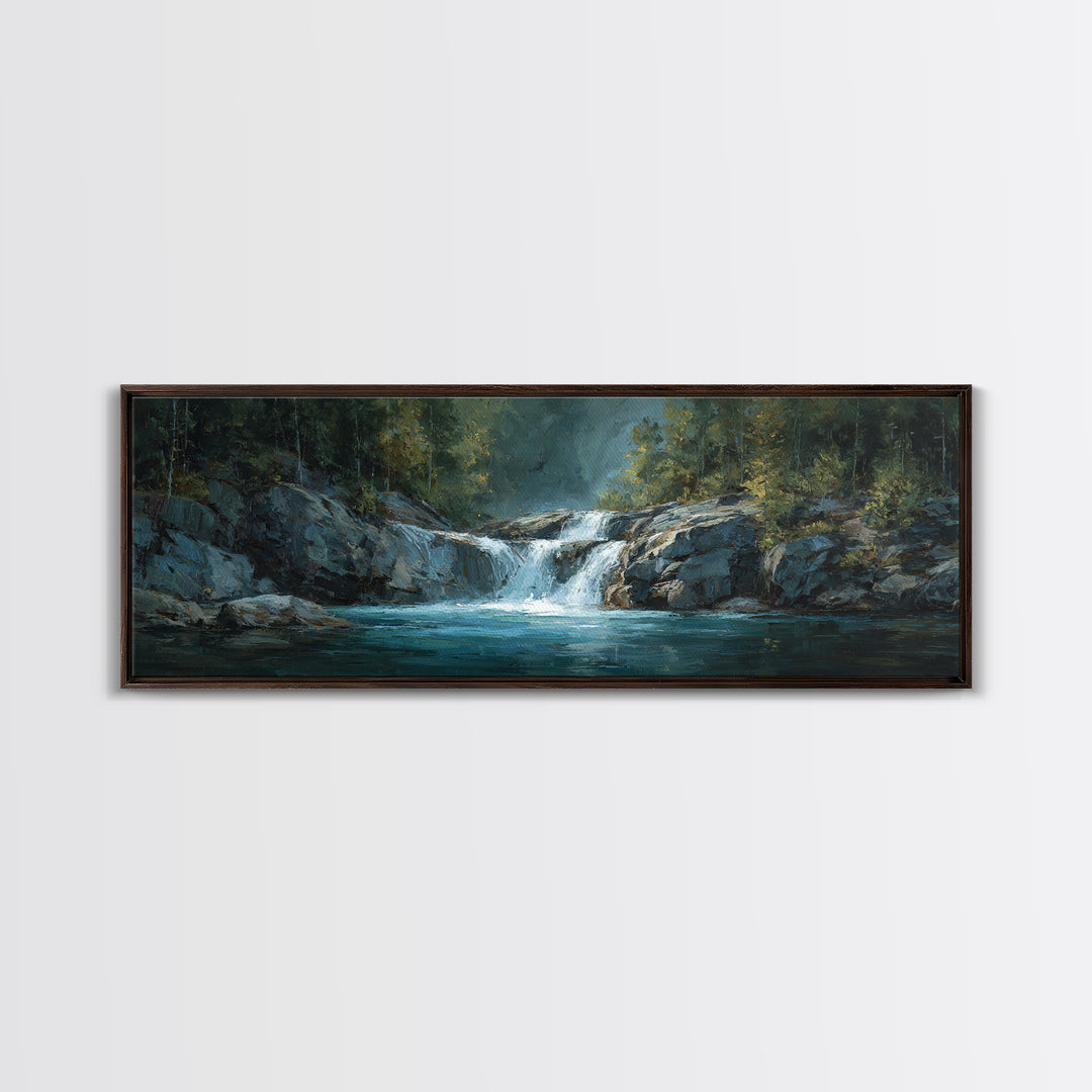Waterfall Hidden Among Dark Green Rocks Canvas Print, Nature Art, Poster, Living Room Decor, Nature, Abstract Wall Art, NAT-3x1-43