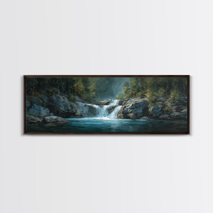 Waterfall Hidden Among Dark Green Rocks Canvas Print, Nature Art, Poster, Living Room Decor, Nature, Abstract Wall Art, NAT-3x1-43