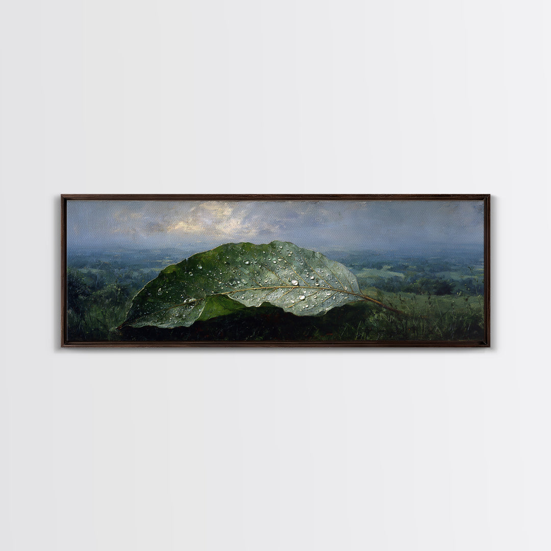 Rain Drops on a Large Green Leaf Canvas Print, Nature Art, Living Room Wall Art, Living Room Decor, Fine Art, Nature, NAT-3x1-49