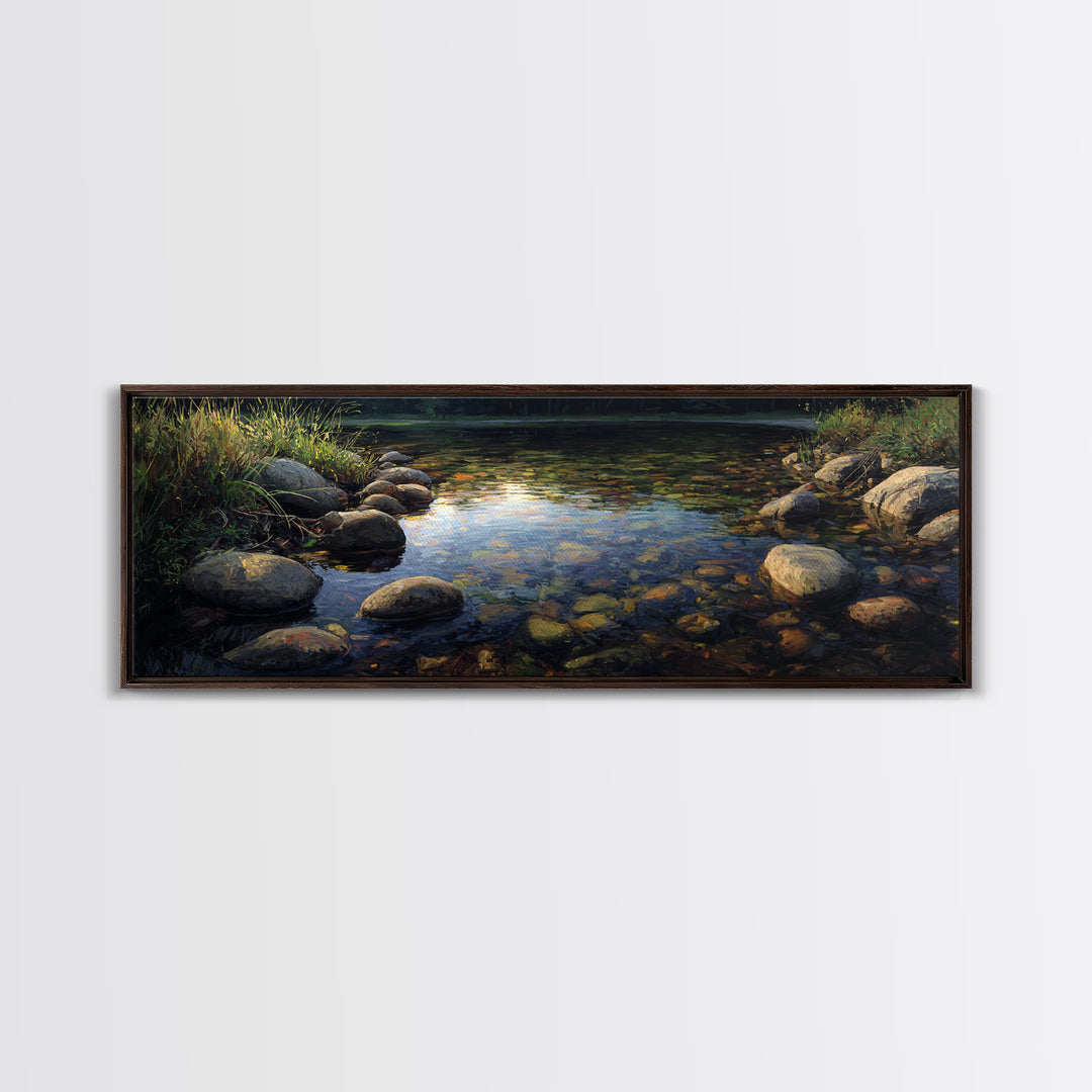 River Stones under Clear Shallow Water Framed Canvas Print, Nature Art, Living Room Decor, Watercolor Art, Nature, NAT-3x1-5