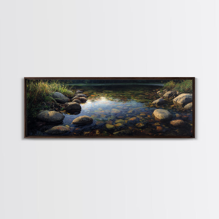 River Stones under Clear Shallow Water Framed Canvas Print, Nature Art, Living Room Decor, Watercolor Art, Nature, NAT-3x1-5