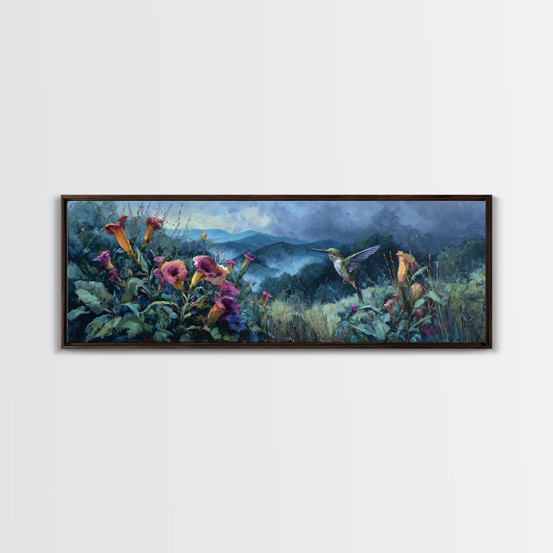 Hummingbird Beside Bright Trumpet Flowers Framed Canvas Print, Nature Art, Room Decor, Living Room Decor, Fine Art, Nature, NAT-3x1-52