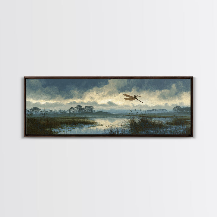 Dragonfly over a Pond with Reeds Framed Canvas Print, Nature Art, Wood Wall Art, Living Room Decor, Fine Art, Nature, NAT-3x1-58