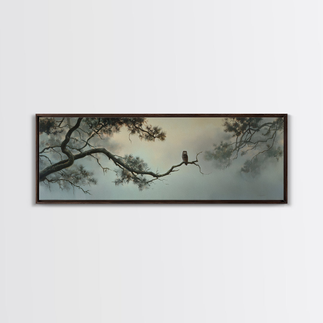 Owl in Moonlit Branches Framed Canvas Print, Nature Art, Wall Art, Living Room Decor, Watercolor Art, Nature, Wood Wall Art, NAT-3x1-59
