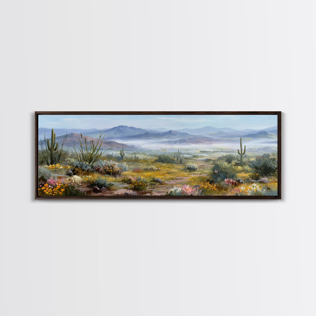 Desert Cactus Blooming After Rain Framed Canvas Print, Nature Art, Boho Decor, Living Room Decor, Oil Painting, Nature, NAT-3x1-60