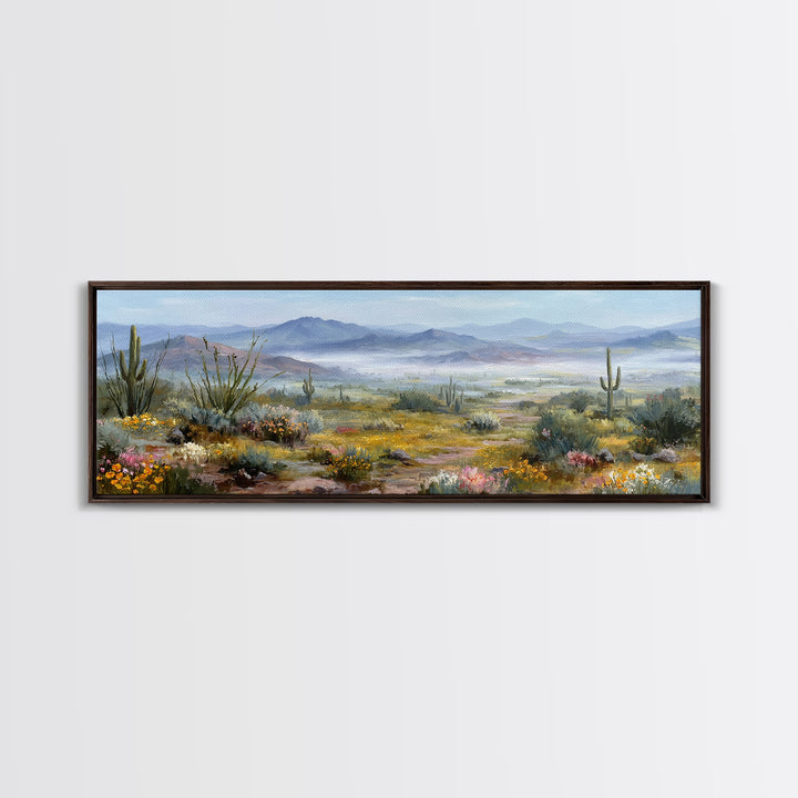 Desert Cactus Blooming After Rain Framed Canvas Print, Nature Art, Boho Decor, Living Room Decor, Oil Painting, Nature, NAT-3x1-60